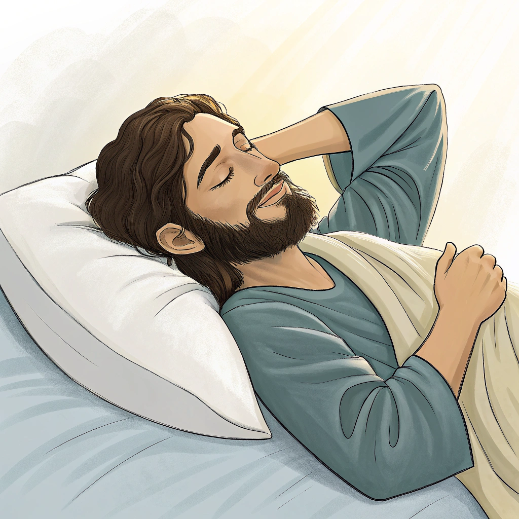 AI generated image by Red Panda AI: Ahora hazme una imagen de José el padre adoptivo de Jesús, acostado de costado con una mano bajo la almohada o basó cabeza y la otra sobre el cuerpo con una semplanza tranquila y gloriosa, serena y descansando muy feliz como si estuviera soñando con el altísimo Dios. 