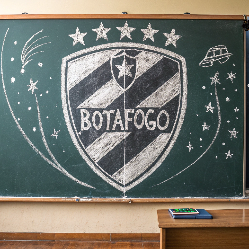 AI generated image by Red Panda AI: Crie uma imagem do escudo do time de futebol Botafogo da Cidade do Rio de Janeiro desenhado com um giz em um quadro escolar.