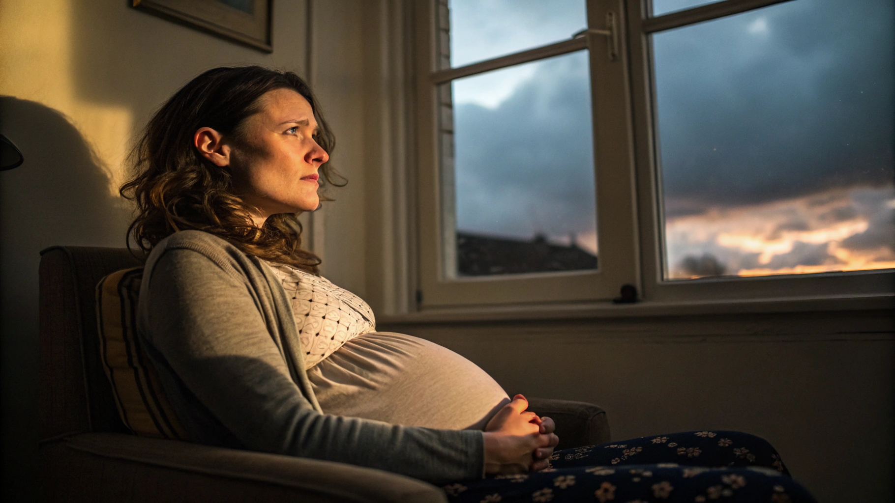 AI generated image by Red Panda AI: A pregnant woman with a worried expression, sitting in a dimly lit room with soft golden light casting shadows on her face, her hand resting protectively on her belly, surrounded by a simple, cozy living space with a window showing a cloudy, overcast sky, the atmosphere conveys a mix of apprehension and hope, Photography, shot with a Canon EOS 5D Mark IV using a 50mm f/1.2 lens for a shallow depth of field