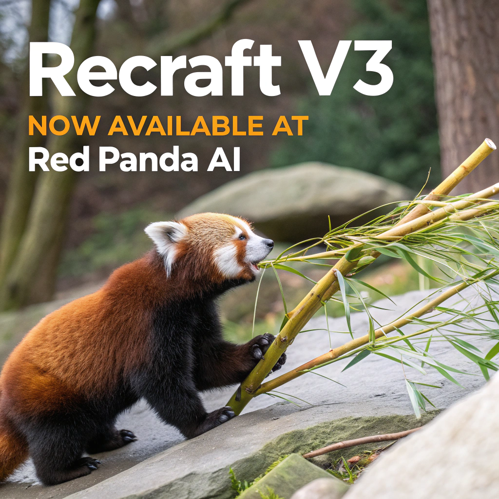 AI generated image by Red Panda AI: a red panda eating a bamboo in front of a poster that says "recraft V3 now available at red panda ai