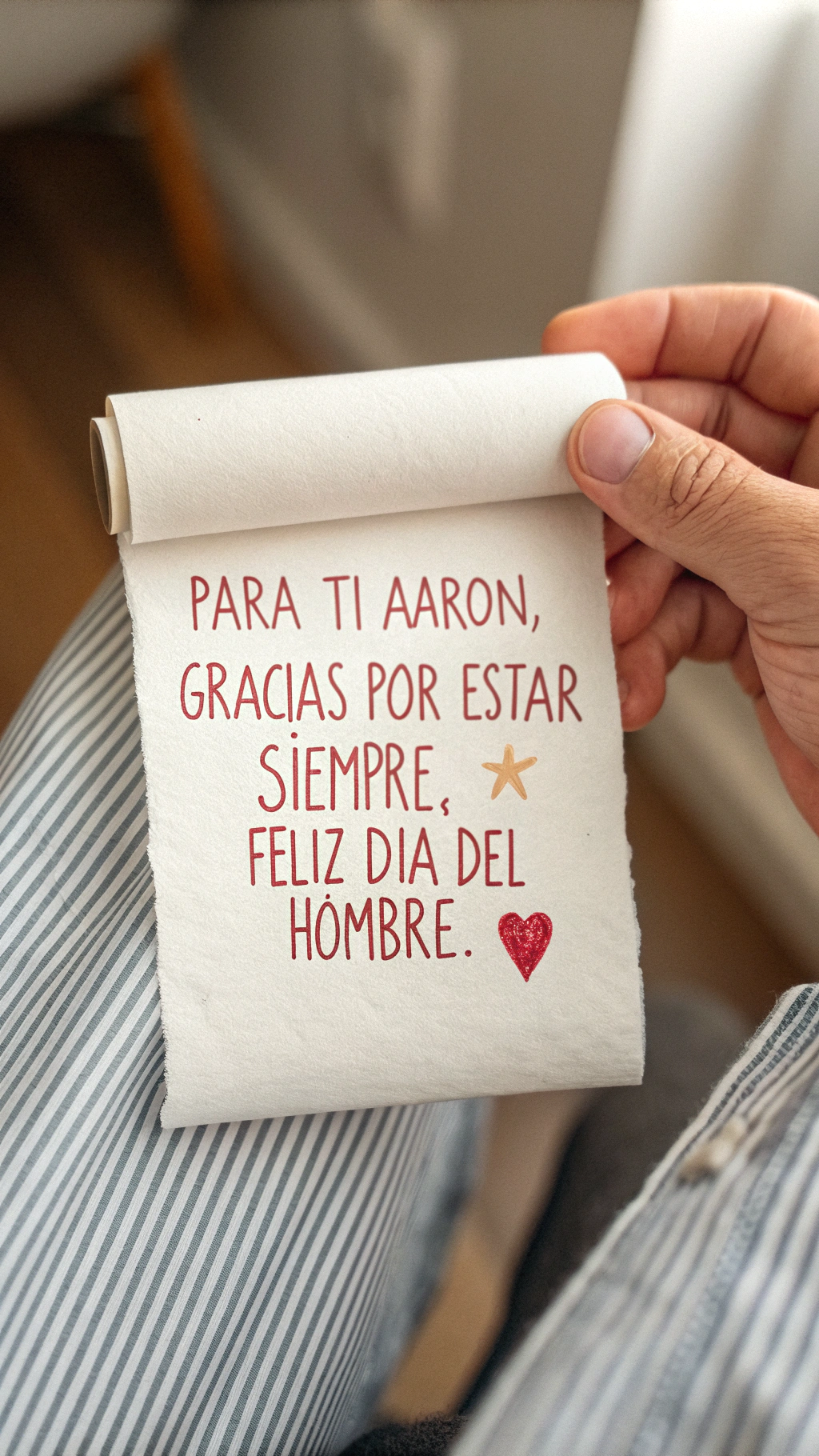 AI generated image by Red Panda AI: Close up shot, slightly angled, of a person's hand holding a small scroll of white paper. The paper is unrolled just enough to reveal a handwritten message in Spanish. The handwriting is slightly messy but legible, with red ink, similar to a casual note between friends: "Para ti Aarón, gracias por estar siempre. Feliz Día del Hombre."  There's a small heart drawn next to the last sentence. The paper has subtle creases and imperfections. The hand is relaxed, with natural skin texture. The background is softly out of focus, showing a light-colored surface and a hint of fabric with stripes, suggesting a home setting. The lighting is natural and soft, coming from the upper left, creating gentle shadows.