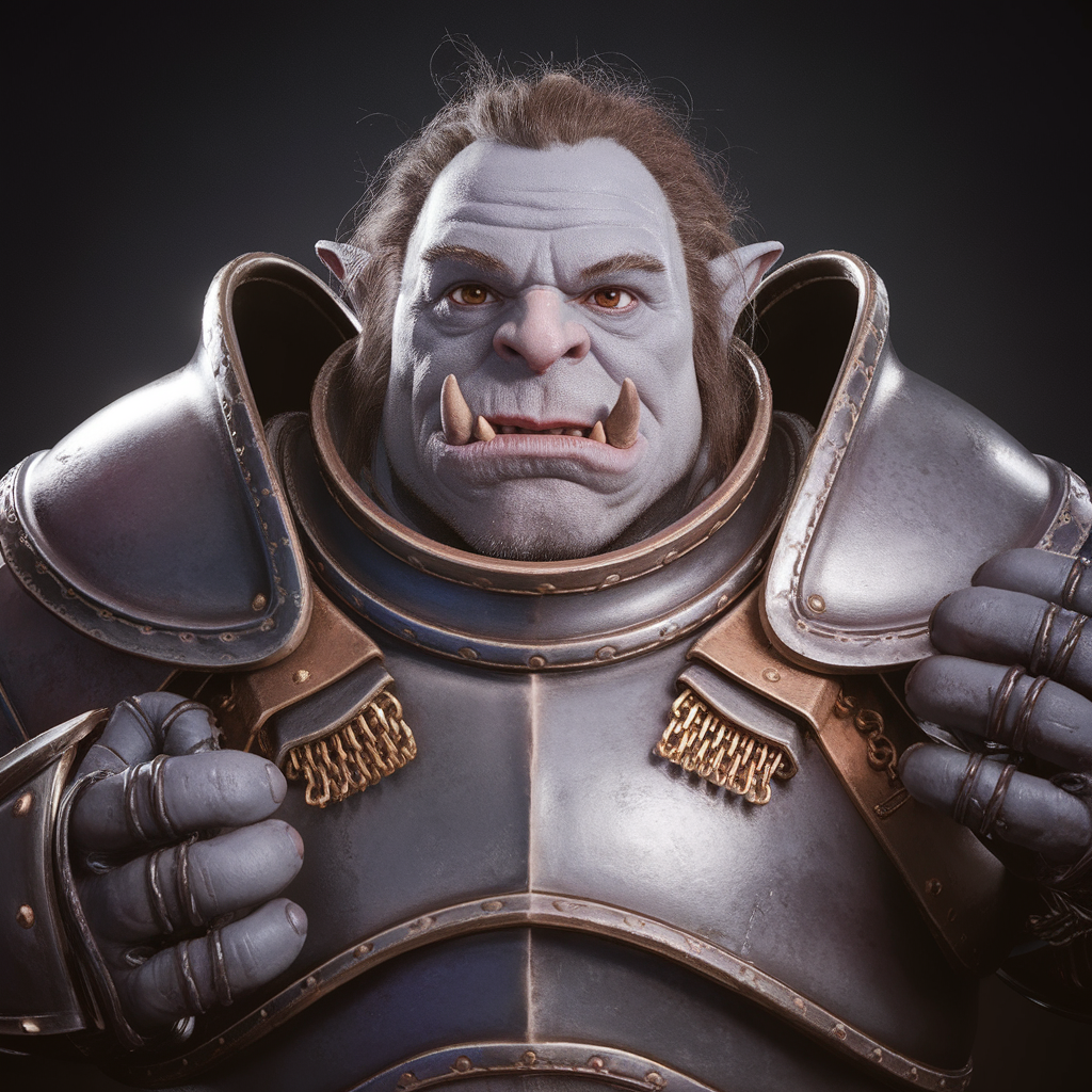 AI generated image by ideogram 2.0: Half-orc, from the DnD universe, ((light gray skin color)), (in full height)
His height is around 1,9 meters, he slouches, body type is average, his hair is common for humans, eyes are brown, fangs are sticking out of the mouth
He wears well-made iron armor with a small amount of golden inserts on chest. These inserts make a picture of scales of justice. On his left shoulder is a shoulder pad in the shape of a woman's head with a blindfold, that covers the eyes. Armor completely covers chest, hands and legs.
The background is dark, aesthetic, realistic, close-up, proffesional photo, 4k, high resolution, high detail, 30mm lens, 1/250s, f/2.8, ISO 100, soft lighting