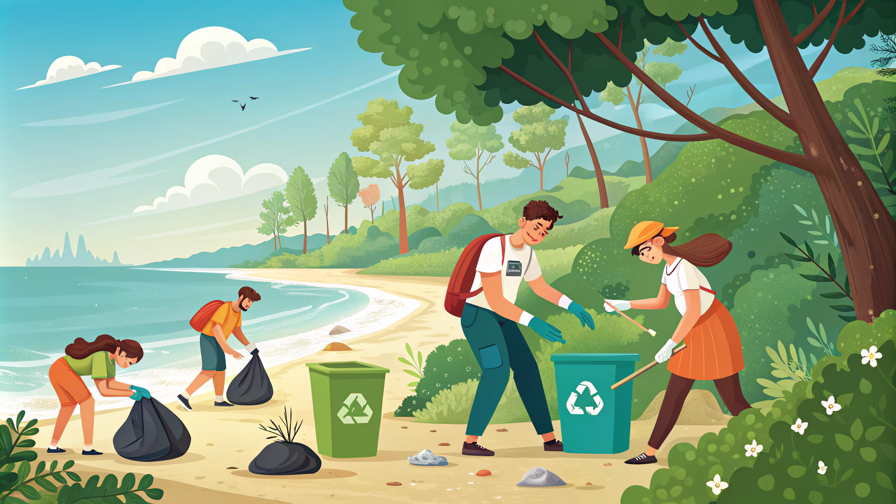 AI generated image by Red Panda AI: A vibrant and engaging scene featuring young people actively participating in a litter collection activity in a natural setting. The environment showcases a lush green forest and a clean beach under a sunny, blue sky. The group, dressed in casual and colorful outfits, uses gloves, reusable bags, and tools like grabbers to pick up litter. Recycling bins and small piles of trash are visible in the background, emphasizing the environmental theme. The composition includes dynamic, positive energy, and modern design elements that resonate with youth culture. The image should be inspiring and focus on teamwork, fun, and protecting nature