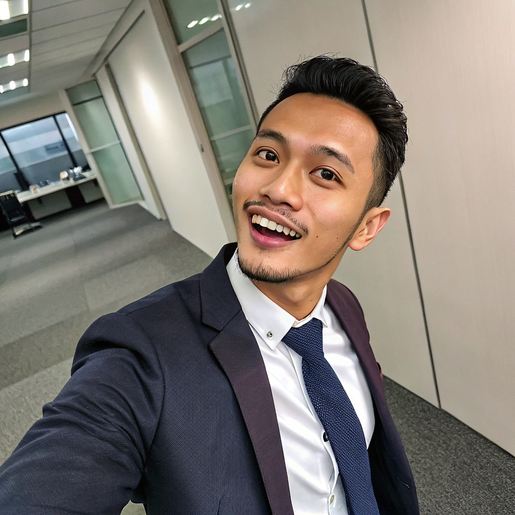 AI generated image by FLUX.1-schnell:  a malay man with expressions , features , and emotions in a long shot . in 20s . Wearing formal outfit . Keep the background neutral, emphasizing the individual’s presence. Bring out the depth and personality of the subject, creating a captivating and well-composed portrait. Selfie photo. Selfie angle. In a office environment .