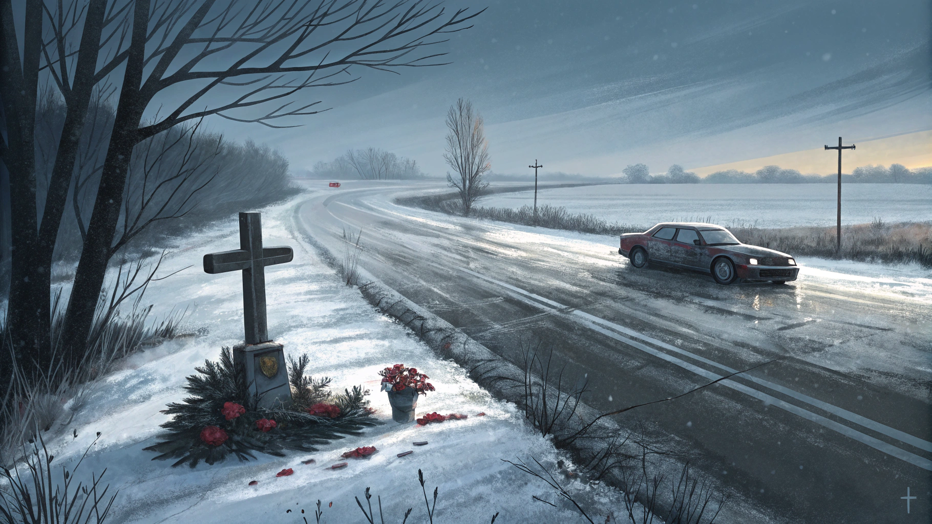 AI generated image by Red Panda AI: Sad memorial to a fatal car crash on an icy highway in "Washington County, Nebraska", abstract

