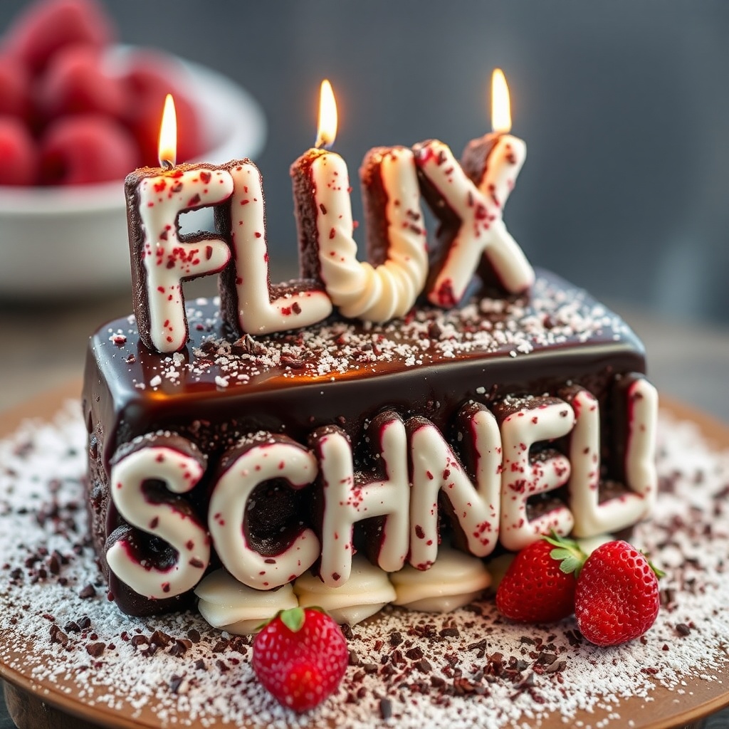 AI generated image by FLUX.1-schnell: black forest gateau cake spelling out the words "FLUX SCHNELL", tasty, food photography, dynamic shot