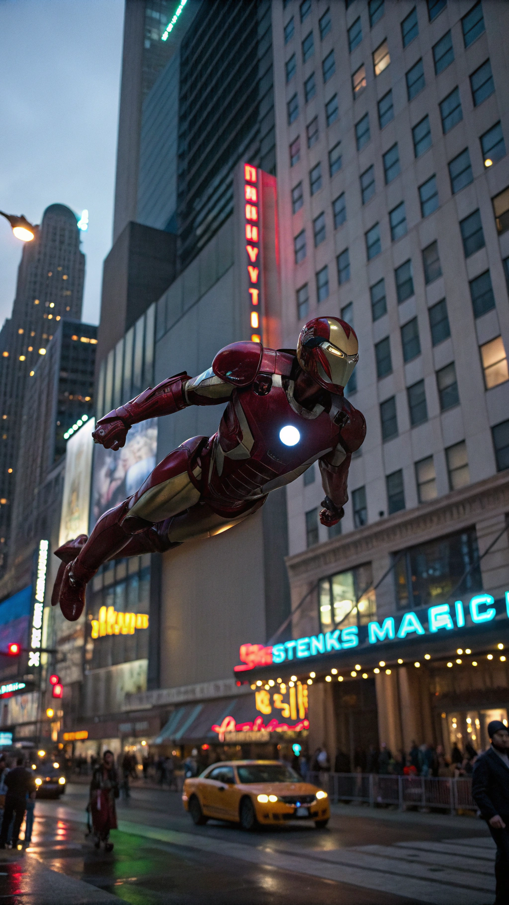 AI generated image by Red Panda AI: Ironman flying through the city, passing by a building illuminated with neon lights, shot with Sony Alpha a9 II and Sony FE 200-600mm f/5.6-6.3 G OSS lens, natural light, hyper realistic photograph, ultra detailed –ar 3:2