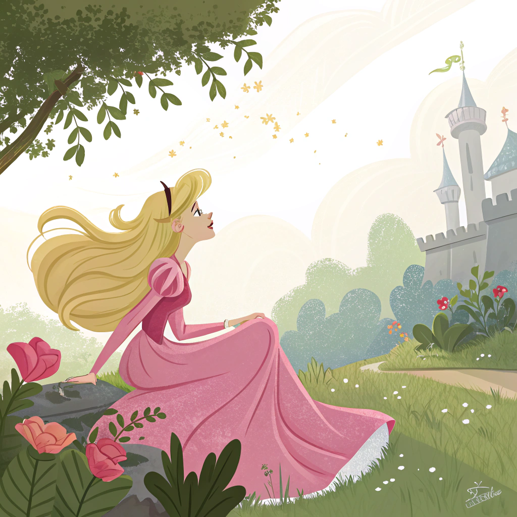 AI generated image by Red Panda AI: Dibuja una princesa de vestido rosa en el jardín de un reino, el escenario es soleado con plantas. Ella llevará un cabello rubio y suelto, además estará sentada en una posición dinámica. El estilo de dibujo es ilustrativo digital semi realista.