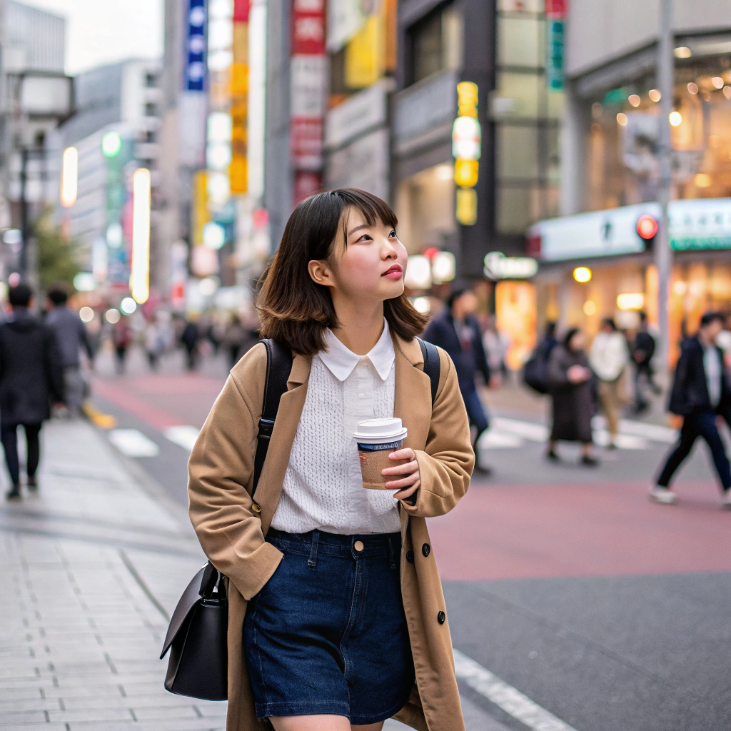 AI generated image by Red Panda AI: Japanese girl, holding a coffee while she is walking in shibuya.