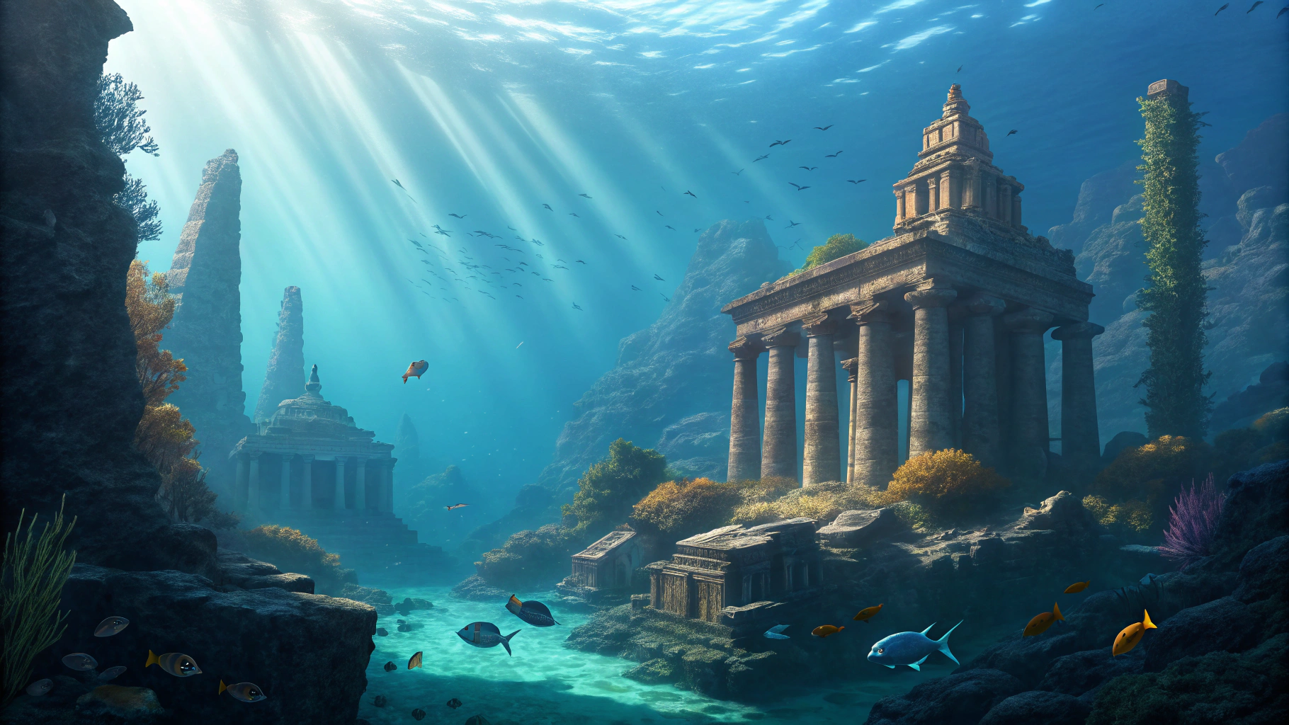 AI generated image by Red Panda AI: Create a cinematic, mystical underwater city slowly emerging from the ocean depths. Glowing blue temples, golden palaces, and massive stone pillars covered in coral. Sunlight beams through the water as fish swim around the ruins.