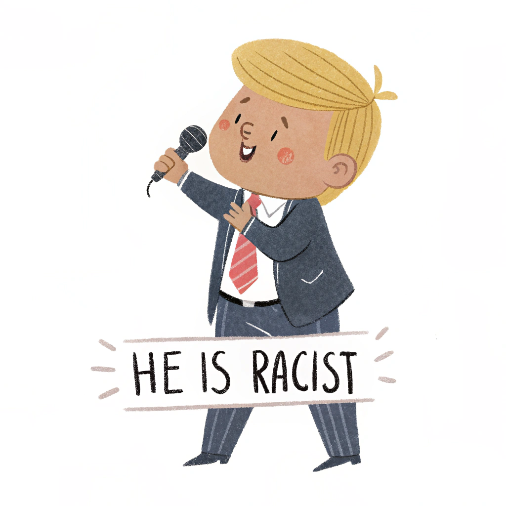 AI generated image by Red Panda AI: kid drawing of donald trump holding a mic, hand written text: "he is racist"
