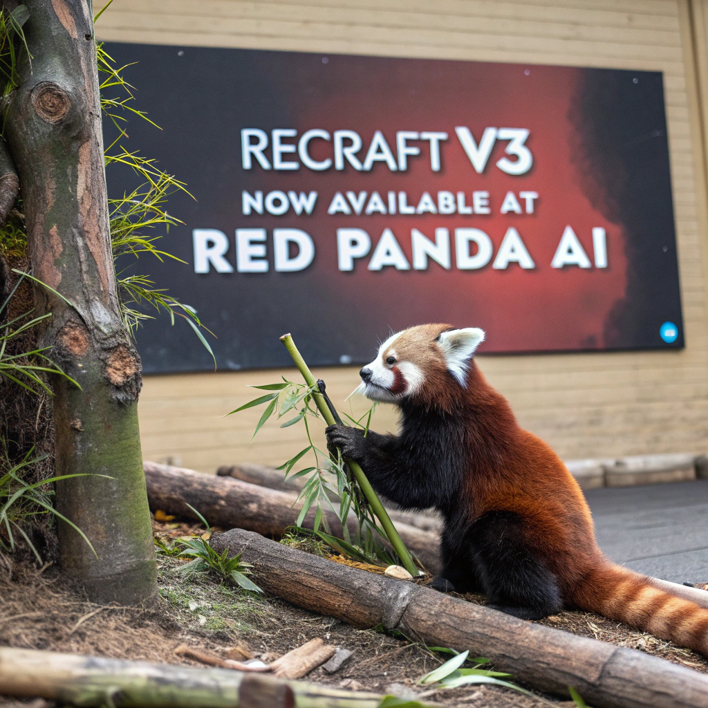 AI generated image by Red Panda AI: a red panda eating a bamboo in front of a poster that says "recraft V3 now available at red panda ai