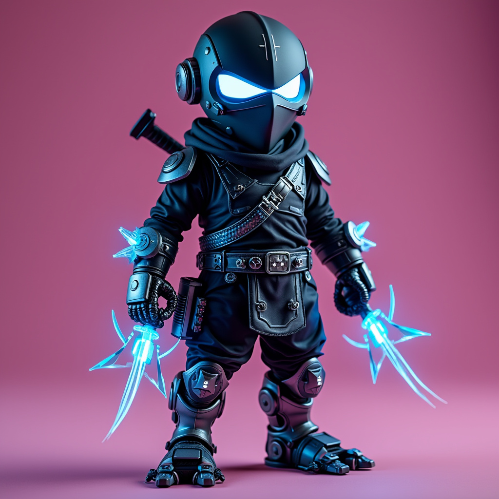 AI generated image by FLUX.1-pro: A stylized cyber-ninja/character figure photographed against a solid magenta background. The character has a sleek, angular helmet with a glowing LED visor strip and tactical mask details. The body combines traditional ninja garb with high-tech armor, featuring matte black surfaces with neon blue circuit patterns and energy lines. Mechanical throwing stars attach to various points on the armor. The hands are detailed with carbon fiber textures and glowing energy weapons. The feet feature split-toed tactical boots with mechanical details. Professional lighting emphasizes the contrast between matte and glowing elements.