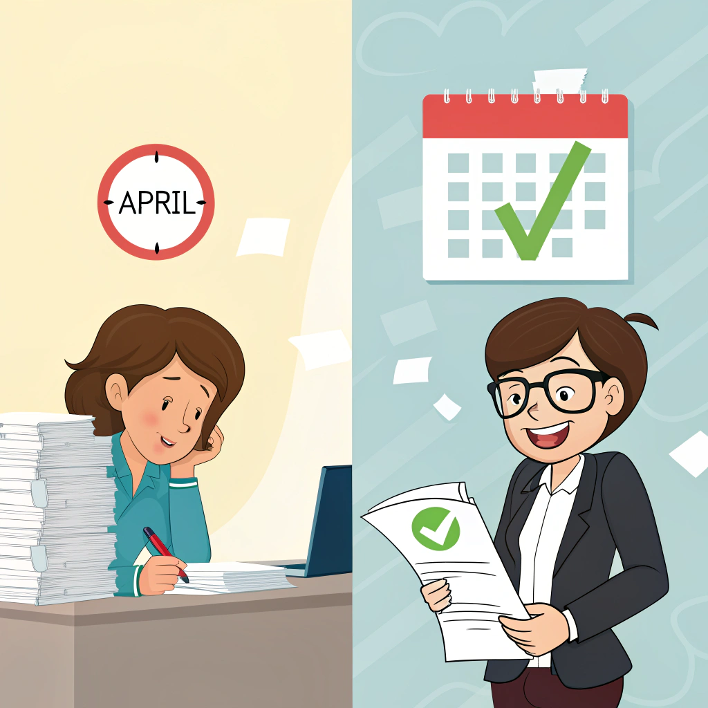 AI generated image by Red Panda AI: A dynamic and engaging illustration split into two sections. On the left side, show a stressed person sitting at a desk surrounded by piles of paperwork and looking confused or overwhelmed, with a red arrow pointing to a calendar showing 'April'. On the right side, show the same person now calm and relieved, working with a professional female consultant (wearing large glasses and office attire) who is holding a clipboard and pointing at a document with positive financial signs and a green checkmark. Both sections should have clean, professional office backgrounds with modern design elements and soft lighting. The overall tone should be inviting and solution-focused