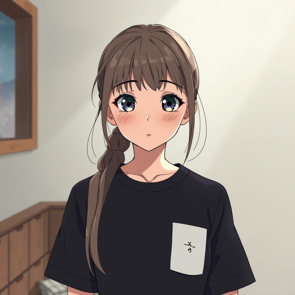 AI generated image by FLUX.1-schnell: Нарисуй: : девушку предположительно 14 лет в аниме стиле с темными волосами и большими карими глазами, довольно милую и миниатюрную, которая одета в черную футболку и ещё она держит бумажку небольшую с надписью komaru в стиле минимализм