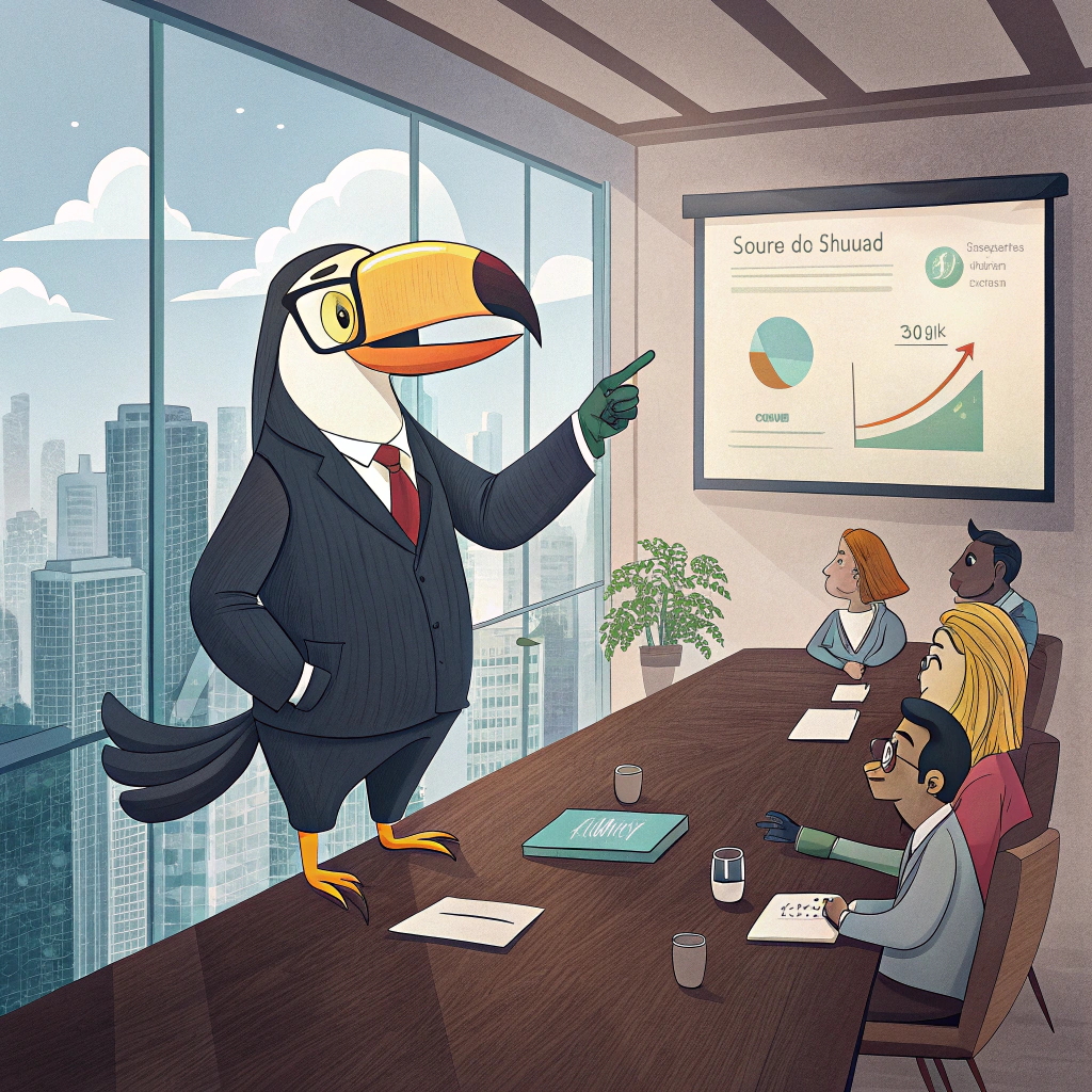 AI generated image by Red Panda AI: A keel-billed toucan as an expert with glasses giving a lecture in a big city's boardroom on how to improve an online sales funnel.