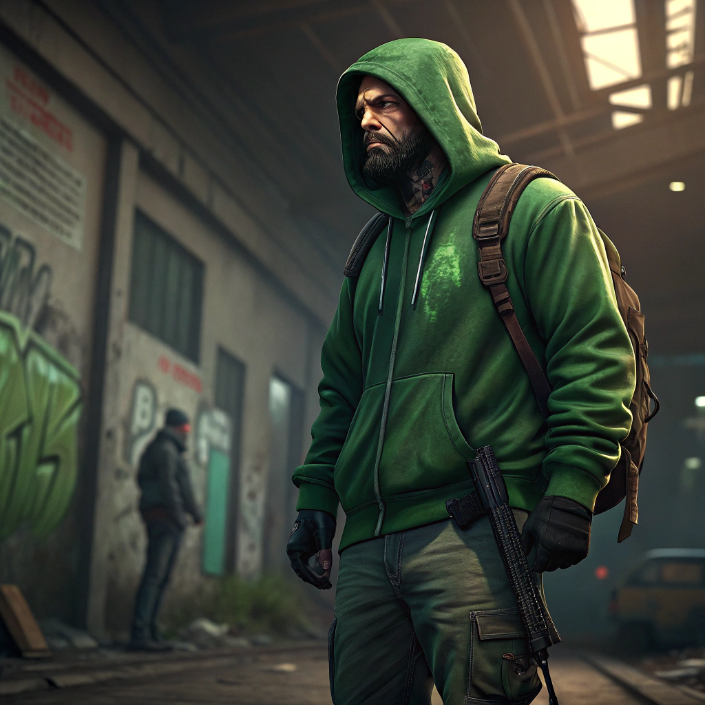 AI generated image by Red Panda AI: creame una imagen de un pandillero  vestido de verde
que se un personaje del gta
