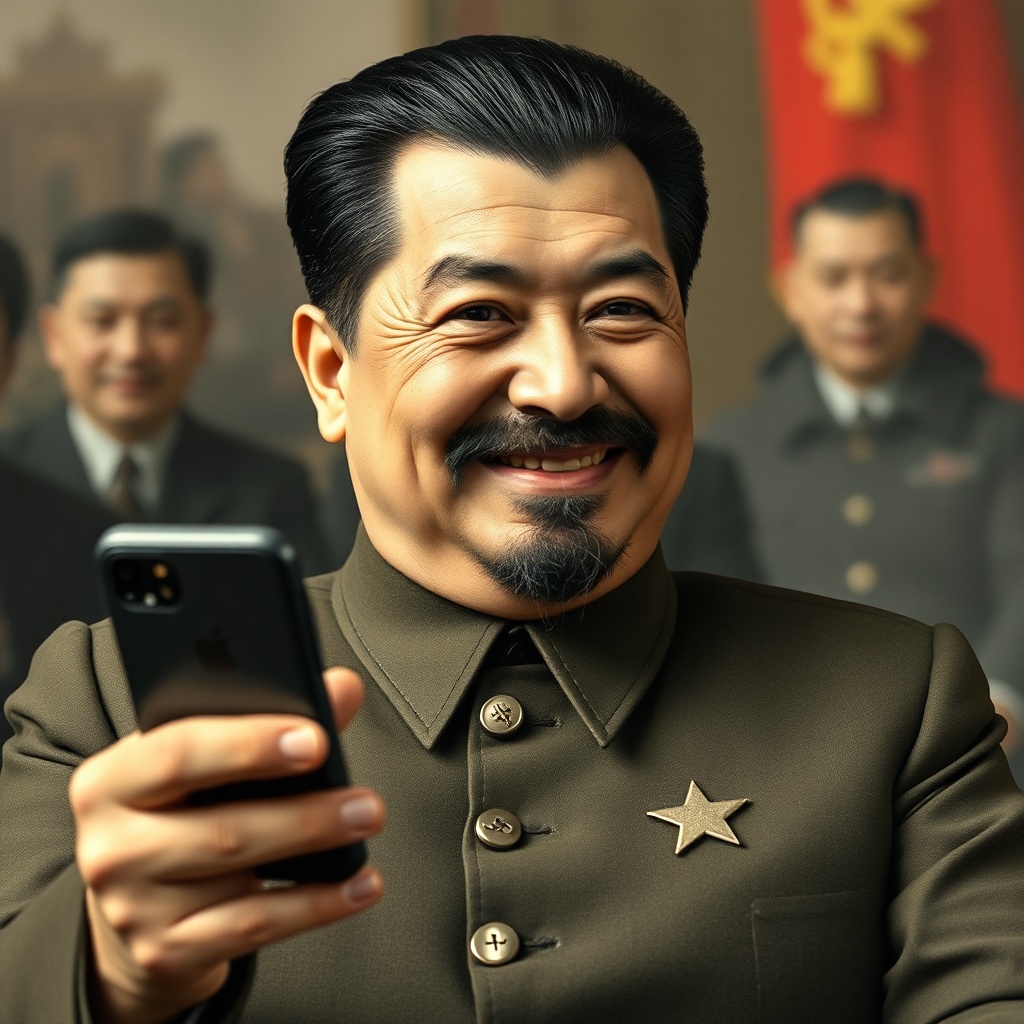 AI generated image by FLUX.1-schnell: Comrade Stalin is using the new iPhone 16. He's using the new AI photo manipulation feature. he's smiling nefariously as he is deleting his former pesky rivals from old group photos. 