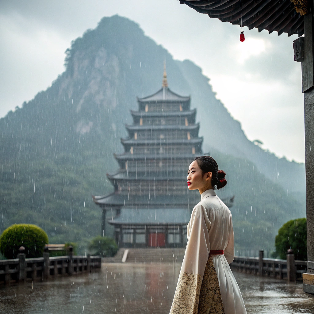 AI generated image by Red Panda AI: make a very beautiful Chinese model in front of a futuristic gothic Chinese temple facing a mountain, it's raining and it's daytime.
the Chinese woman has her body turned towards the camera and is a little closer to us.