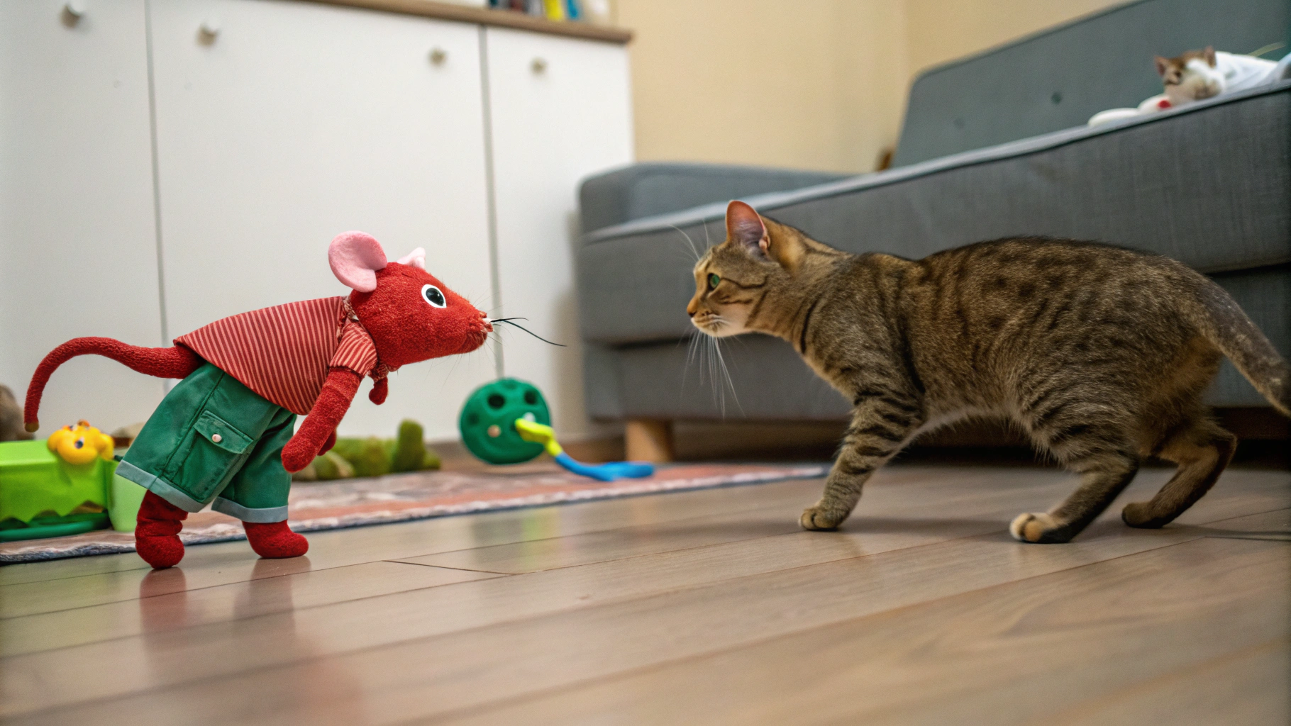 AI generated image by Red Panda AI: a red mouse in bermuda shorts chasing a green cat