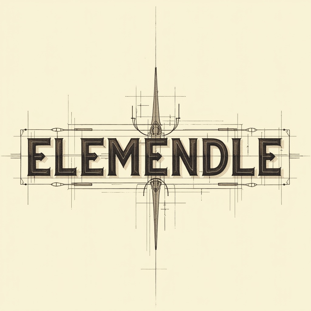 AI generated image by FLUX.1: Create a logo with just the word 'ELEMENDLE' in vintage technical drawing style. Hand-drawn lettering like engineering blueprints from the 1940s, using dark sepia ink on transparent background. Letters should be precise but show slight imperfections of hand drawing. No decorative elements, just clean technical lettering.