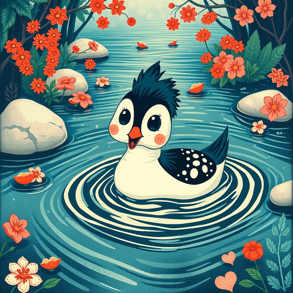 AI generated image by FLUX.1-schnell: Generate a whimsical big-eyed Smew joyfully swimming through a decorated river, colorful woodblock print style. 