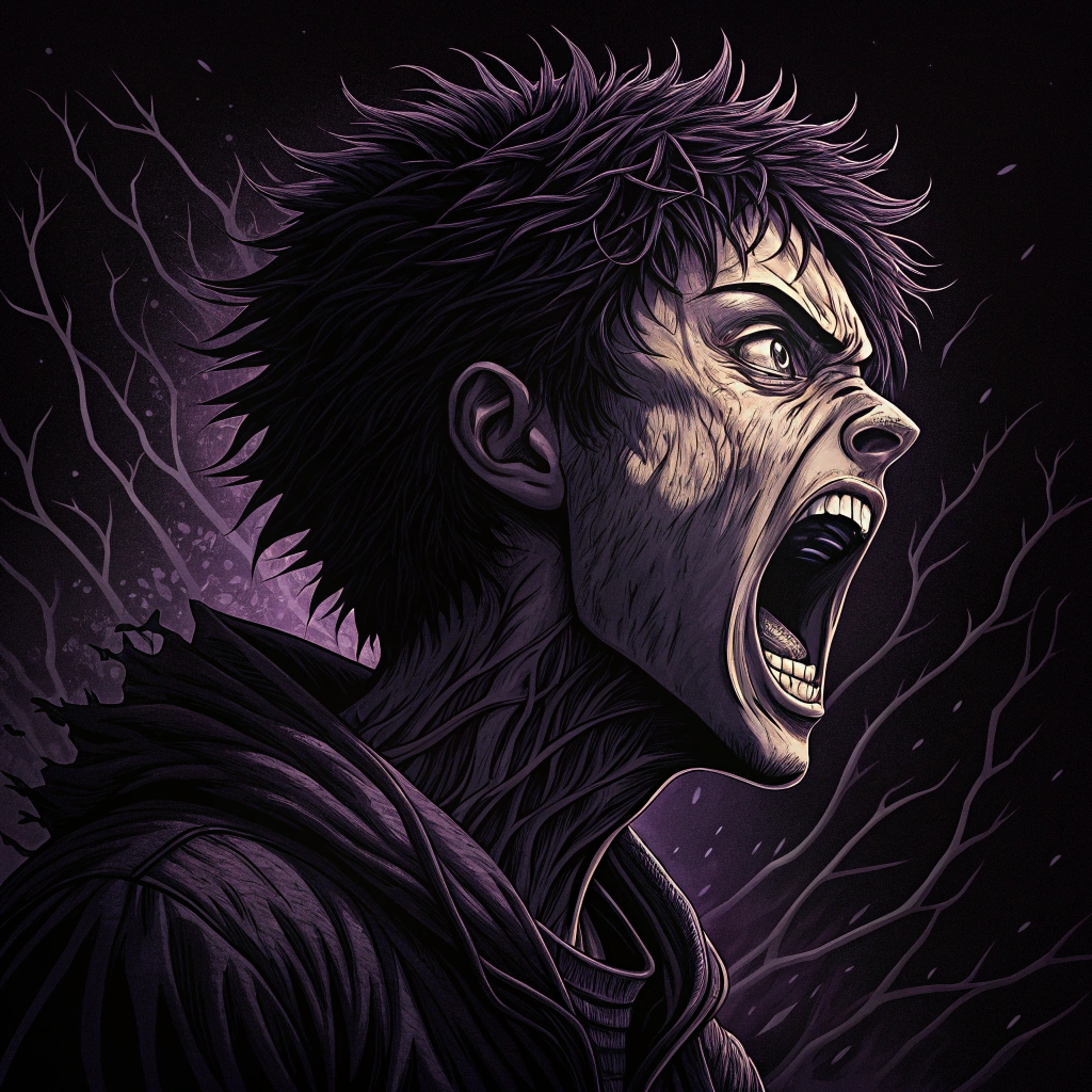 AI generated image by Red Panda AI: an anime character screaming in rage, insane, psychotic, in the style of dark black and purple, detailed atmospheric portraits, brazilian phonk music style art, grindcore, made of all of the above, wandering eye, blink-and-you-miss-it detail, psychological terror, sketch --niji 5 --ar 16:9
