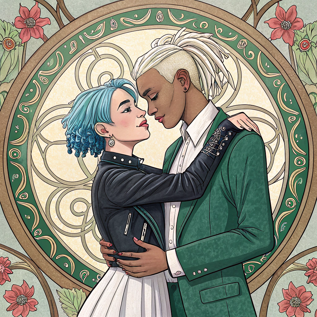 AI generated image by Red Panda AI: Create an art nouveau style image of 2 people hugging, jinx and ekko from the Arcane series, to Jinx (female) with short blue hair give her a white dress, with a short black leather jacket, and to Ekko (male) add a green dress suit with a white shirt, also make her dreadlocks short, white and combed backwards.  