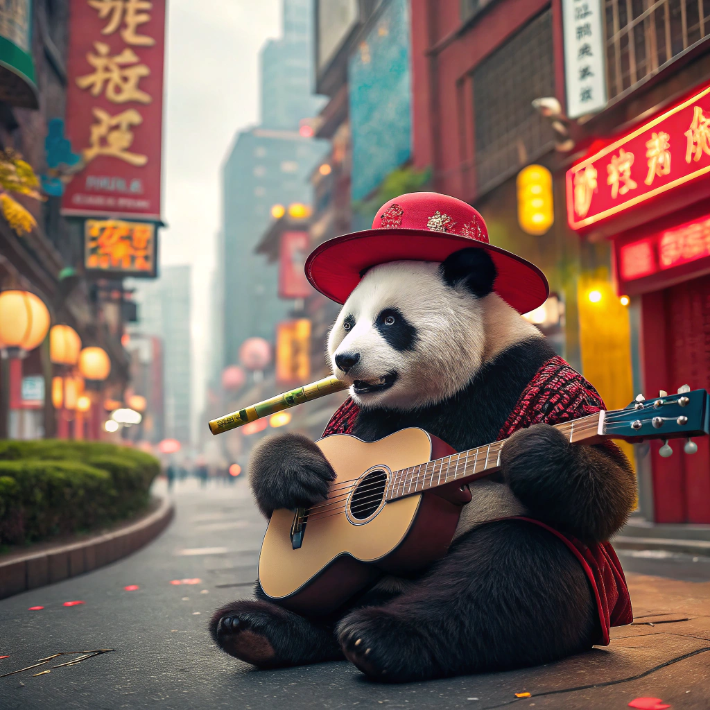 AI generated image by Red Panda AI: panda in red hat, in colorful city. sitting with guitar in hand. bamboo in mouth