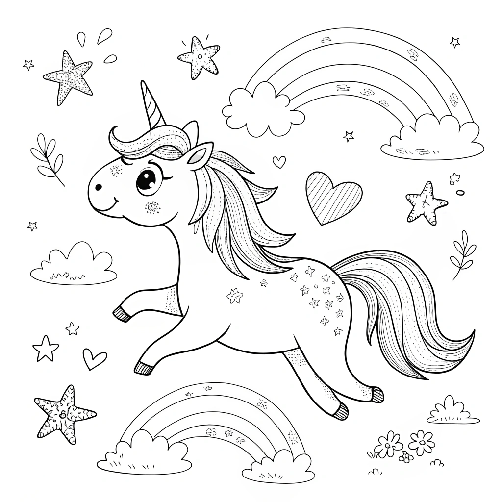 AI generated image by Red Panda AI: Black and white line art illustration of a cute and magical bear , ideal for a children's coloring book. The unicorn should be the main focus, with clear, bold outlines and no background. Style should be whimsical, clean, and detailed but not overly complex, making it easy and fun to color. Avoid shading, gray areas, or too much intricate detail. Suitable for kids aged 4 to 10. Use a variety of unicorn poses and settings (e.g., flying, sleeping, standing, with stars, clouds, flowers, or rainbows). Size A4, 300 DPI, printable quality.