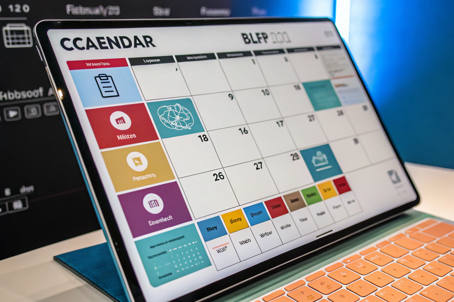 AI generated image by Red Panda AI: a digital calendar with color-coded blocks for different content types (blogs, social media, email campaigns) over a weekly schedule, organized layout with icons, realistic style, vibrant colors, high-resolution. With a gradient background black with blue highlights. #013BFF