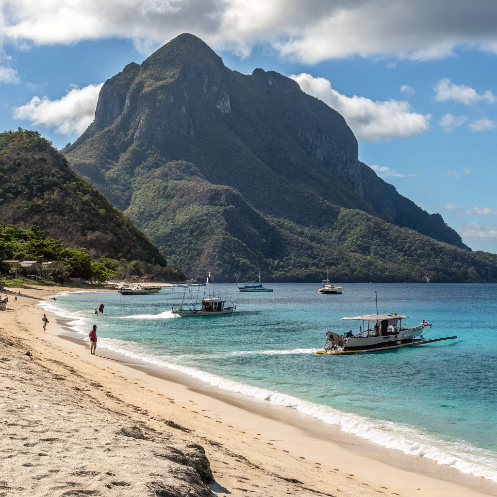 AI generated image by Red Panda AI: Genera una paisaje donde se vea una playa con un monte al lado y al fondo varios barcos trabajando 