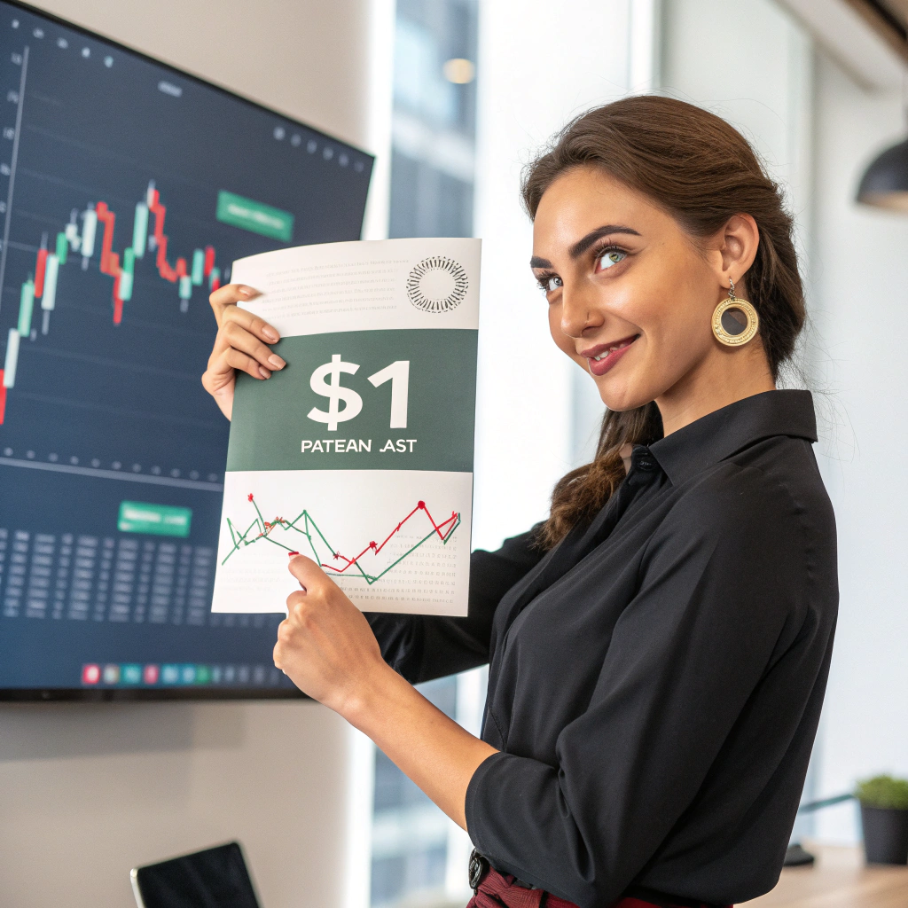 AI generated image by Red Panda AI: $1 Trial for PatternCast, stock market related, beautiful woman looks directly at viewer

