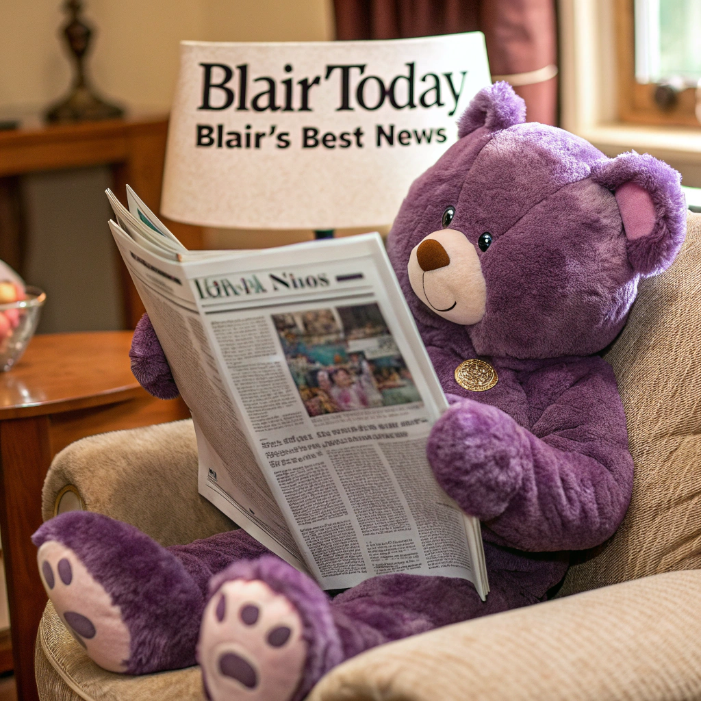AI generated image by Red Panda AI: purple bear reads a newspaper with the headline, "BlairToday" and the subtitle "Blair's Best News"