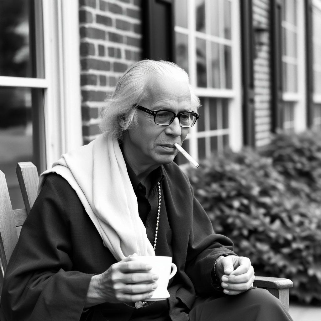 AI generated image by FLUX.1-schnell: Sri Nisargadatta Maharaj enjoying coffee and a cigarette in Colonial Williamsburg, VA.