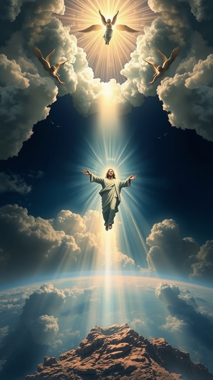 AI generated image by FLUX.1-schnell: "El regreso de Cristo" – Una majestuosa escena con Jesús descendiendo del cielo entre nubes resplandecientes, rodeado de ángeles, con luz divina iluminando la Tierra.