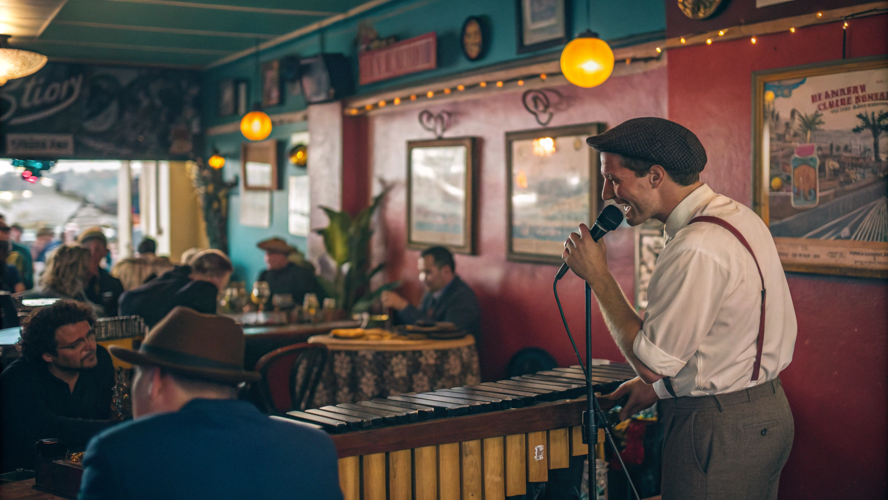 AI generated image by Red Panda AI: A scene from the 1930s in a retro swing bar , retro atmosphere, photo with a retro filter, swing style, a man singing at  xylophone