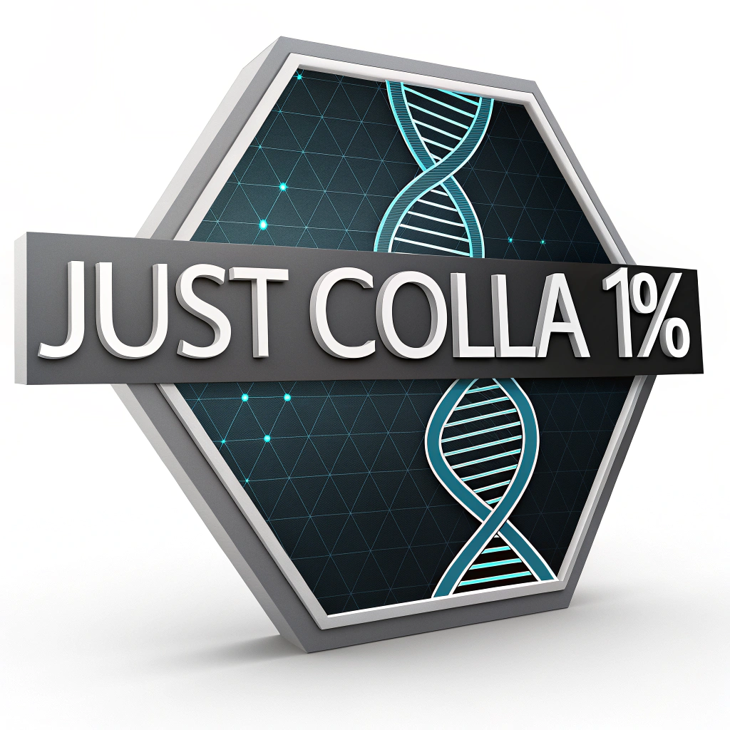 AI generated image by Red Panda AI: /imagine prompt:
A futuristic, geometric logo for "just colla 1%" using sleek, sharp-edged typography 
and an abstract helix or molecular pattern to imply collagen structure. Choose a bold, 
sans-serif typeface with angled cuts or unique corners. Use a metallic or gradient color 
scheme (silver, steel blue, or holographic accents) against a white or dark backdrop, 
with a slight 3D or bevel effect for extra dimensionality. Clean, modern, high-tech aesthetic. 
--ar 1:1 --v 5
