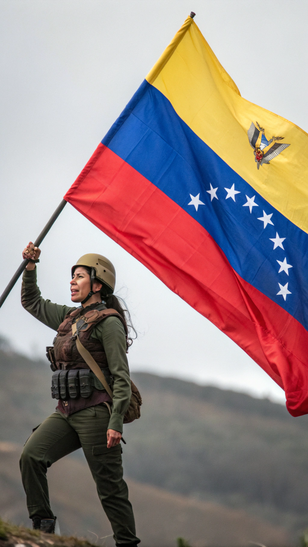 AI generated image by Red Panda AI: A warrior woman carrying the Venezuelan flag high, The flag must have very bright colors and have very realistic details and contain eight stars on the blue stripe.