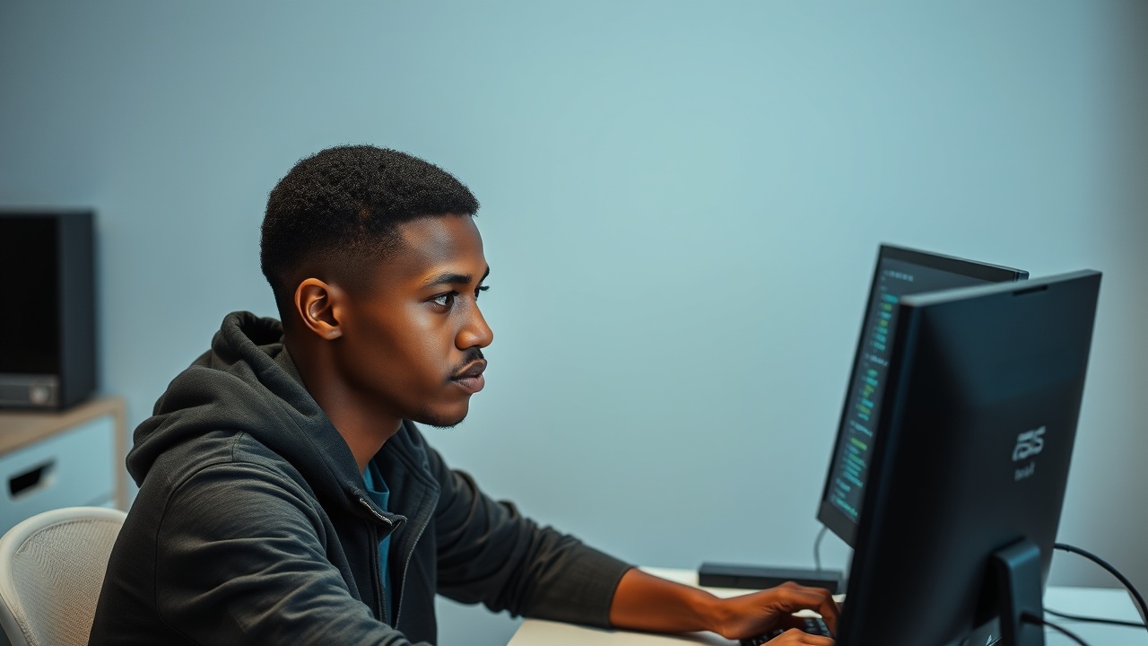 AI generated image by FLUX.1-schnell: {
  "scene_type": "Fotografía realista tomada con cámara profesional",
  "main_subject": {
    "person": {
      "edad": "joven",
      "raza": "africana",
      "genero": "masculino",
      "ropa": "moderna",
      "cabello": "pelado bajito",
      "posición": "sentado frente a una computadora"
    }
  },
  "detalles": {
    "computadora": {
      "pantalla": "líneas de código visibles"
      "marca":"Asus"
    },
    "alrededor_del_sujeto": [
      "logotipos flotando de Java",
      "logotipos flotando de JavaScript",
      "logotipos flotando de PHP",
      "logotipos flotando de React"
    ],
    "escenario": {
      "fondo": "futurista",
      "elementos": ["servidores", "muchos cables de red"]
    },
    "iluminación": "viva, bien balanceada, resalta detalles"
  }
}
