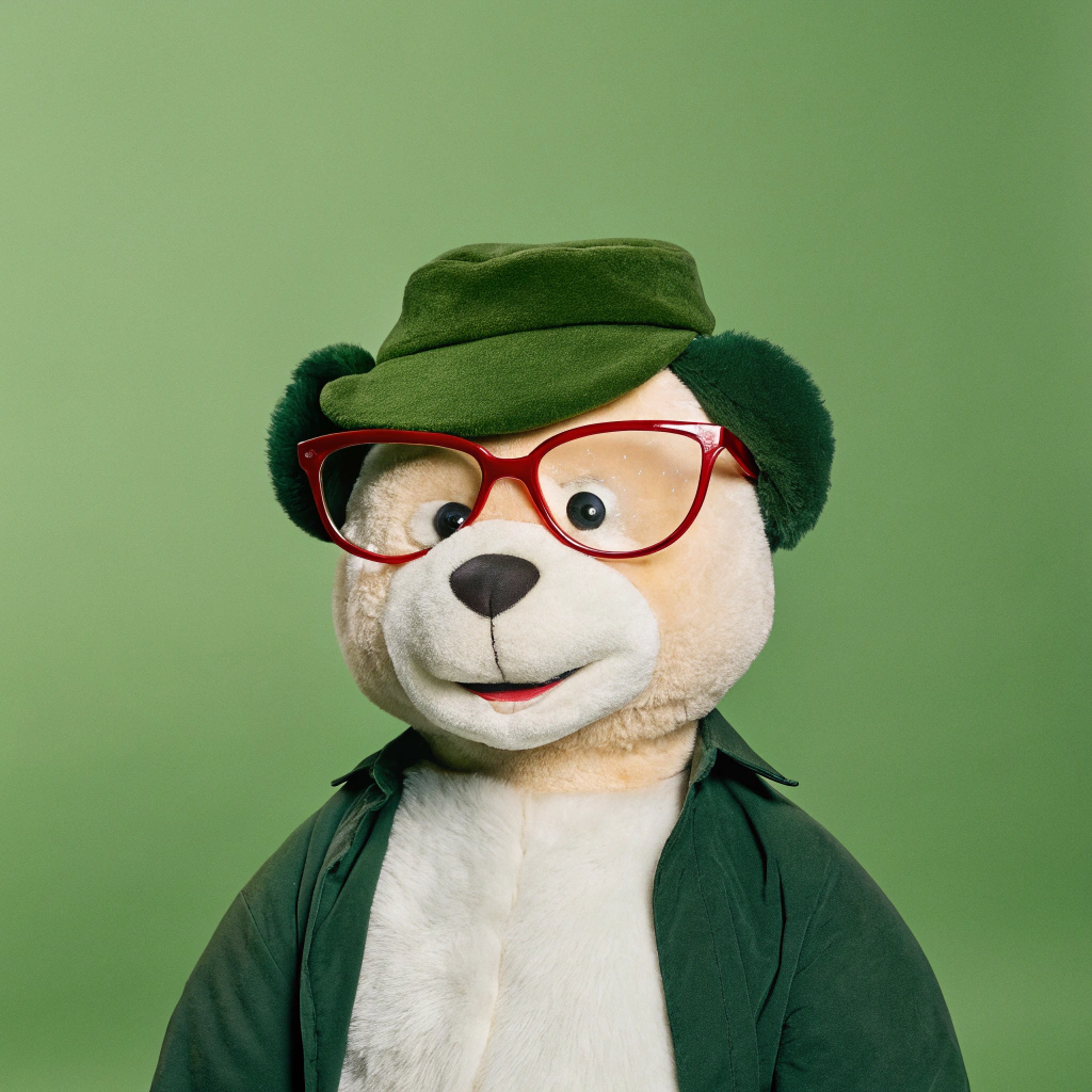AI generated image by Red Panda AI: create a character of a teddy bear who has a hat and red glasses, he is very nice and when you look at him he makes you smile