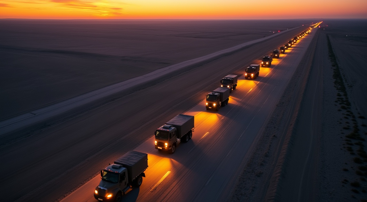 AI generated image by FLUX.1-pro: vista aérea de una fila de camiones militares en una carretera por el desierto durante la noche