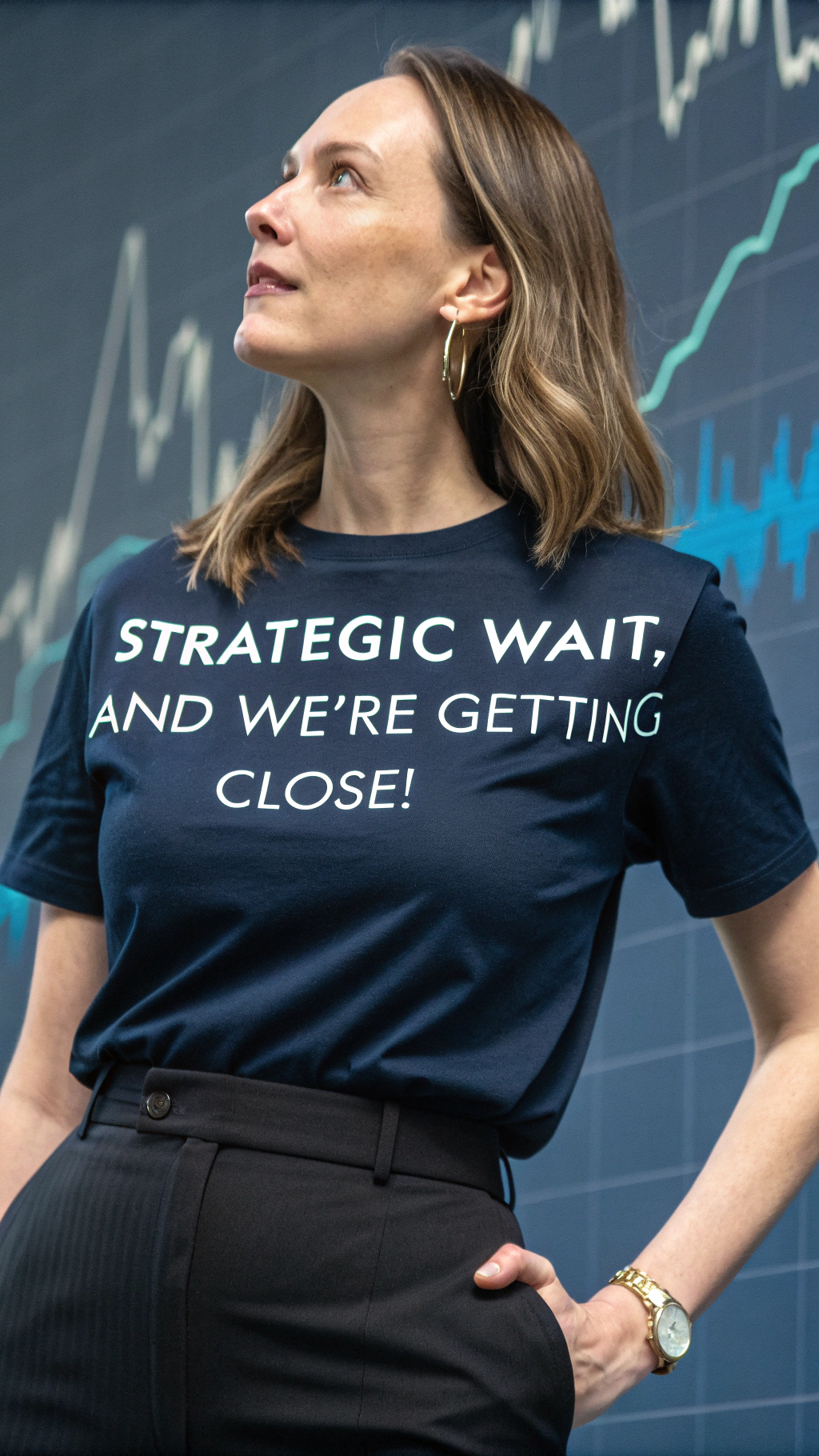 AI generated image by Red Panda AI: there is a stunningly beautiful woman who wears a shirt that says, "Strategic Wait, and we're getting close!" in clear, obvious, font, there is a money flow somewhere, stock market motif "Strategic Wait, and we're getting close!" is the text,