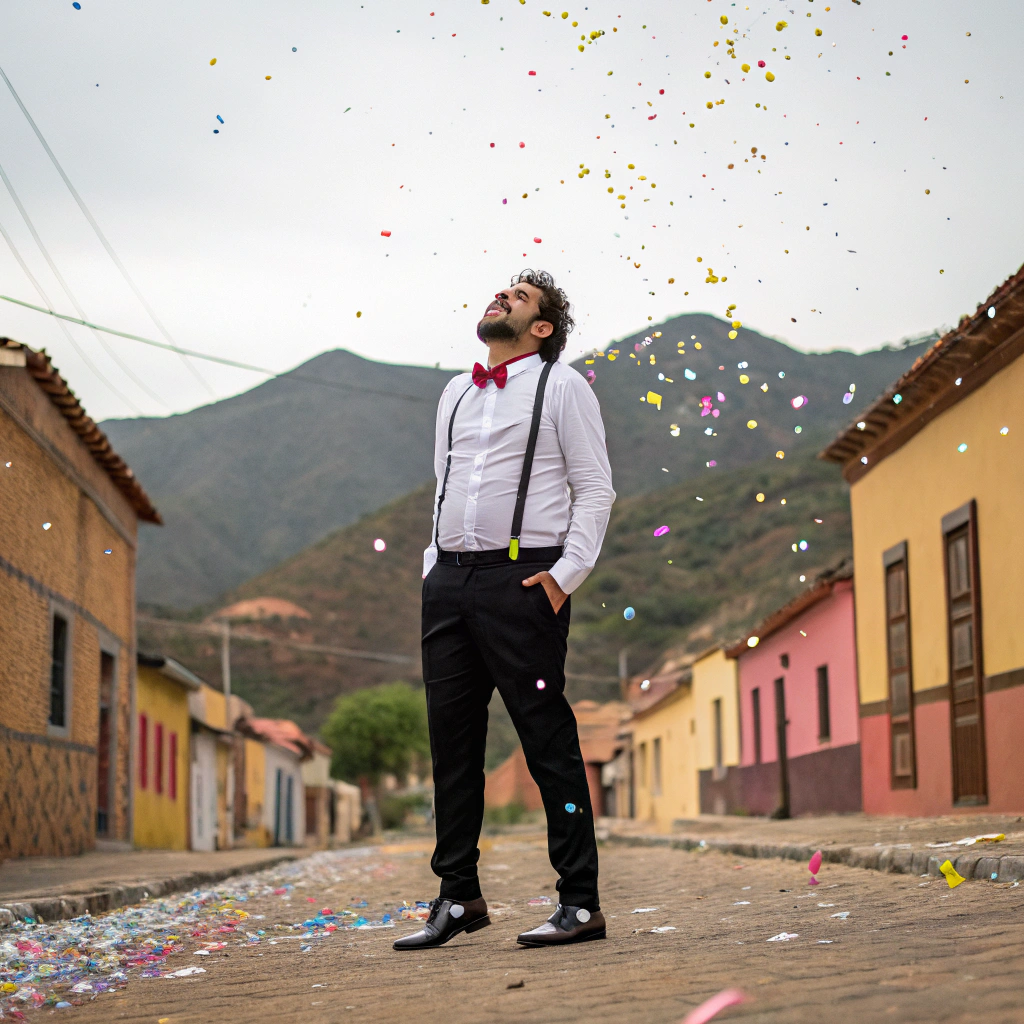 AI generated image by Red Panda AI: Sale al centro de la imagen un hombre cuya mirada fija en el suelo y su rostro frustrado destacan en medio del festejo. Vestido con una impecable camisa blanca, pantalón negro y zapatos relucientes, su figura contrasta con la explosión de color que lo rodea. A su alrededor, diablitos de carnaval saltan y lanzan espuma y serpentina, haciendo que la alegría del carnaval salga en cada movimiento. En el fondo, se asoman cerros y casas de barro en tonos cálidos, acentuando el marcado contraste entre la euforia del ambiente y el abatimiento del hombre.