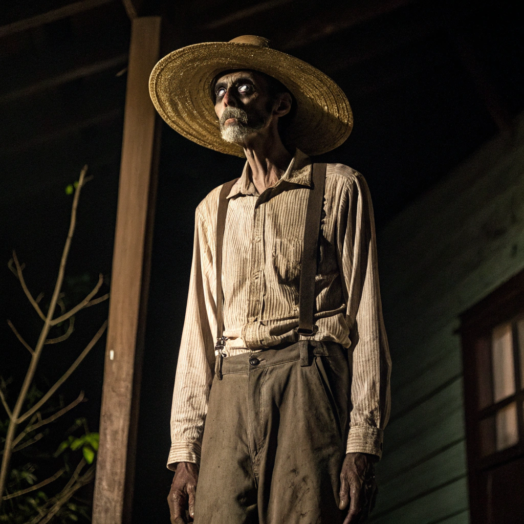 AI generated image by Red Panda AI: A very tall and extremely thin man with long limbs, wearing old and torn pants and shirt. His face looks like a corpse, with completely white eyes. He is wearing a large straw hat. The overall atmosphere is eerie and haunting