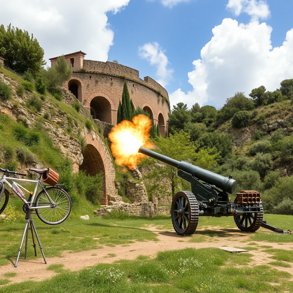 AI generated image by FLUX.1-schnell: Artillero español disparando con un cañón  hacia un acueducto romano antiguo