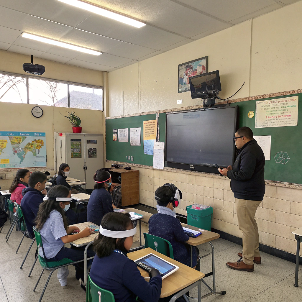 AI generated image by Red Panda AI: Imagen de un salón de clase con alumnos de quinto año de educación primaria en méxico, ubicada en zona socioeconómica urbana  media, el aula de clase está equipada con su pizarrón al frente, también una pantalla televisor digital de 60 pulg. un pequeño idf que concentra so conectividad de red, equipo o punto inalámbrico,, cuenta con un gabinete metálico donde se  guardar tabletas electrónicas y gafas inmersivas de realidad virtual view master Google VR , las, la imagen debe reflejar el momento de clase del maestro con 25 alumnos en sus pupitres, utilizando las tabletas y las gafas de realidad virtual puestas en clase de enseñanza del sistemas solar 
