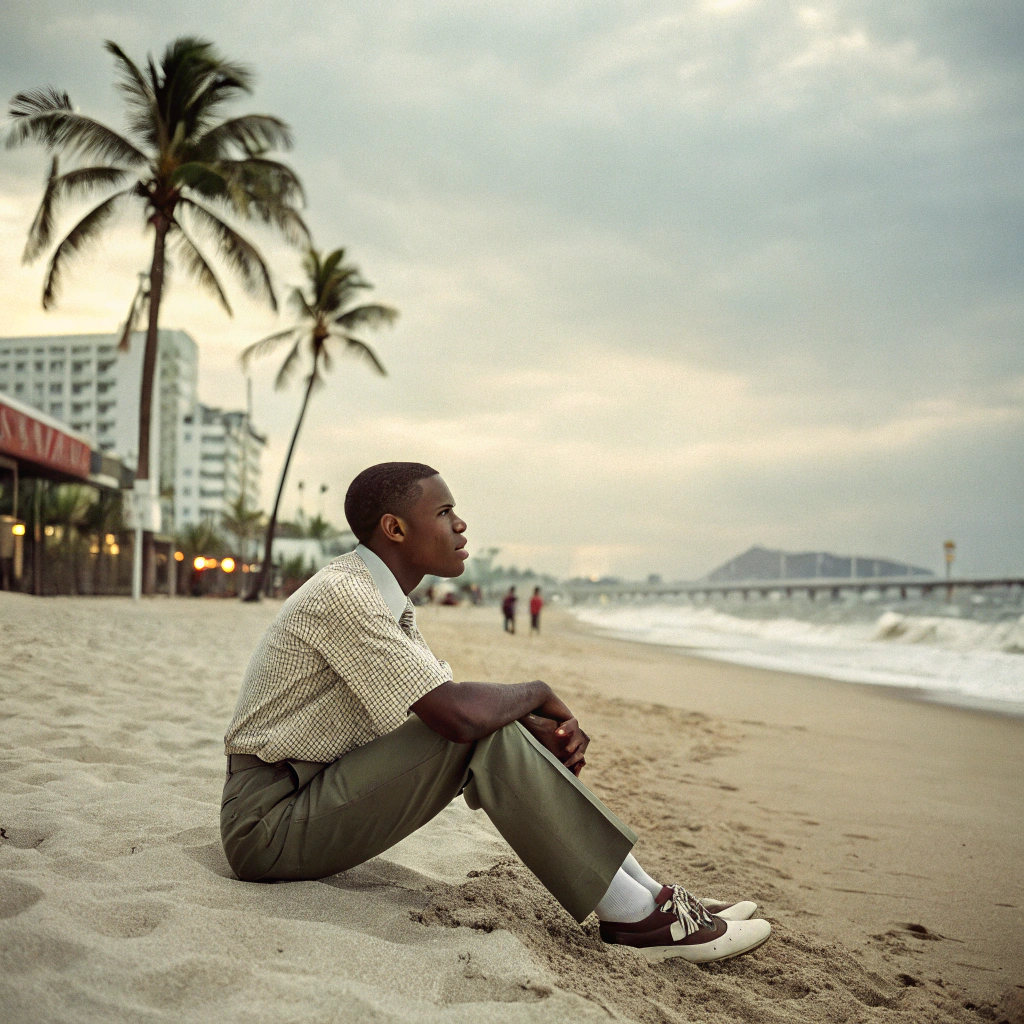 AI generated image by Red Panda AI: Portrait of Frank Ocean at copacana beach at 1960