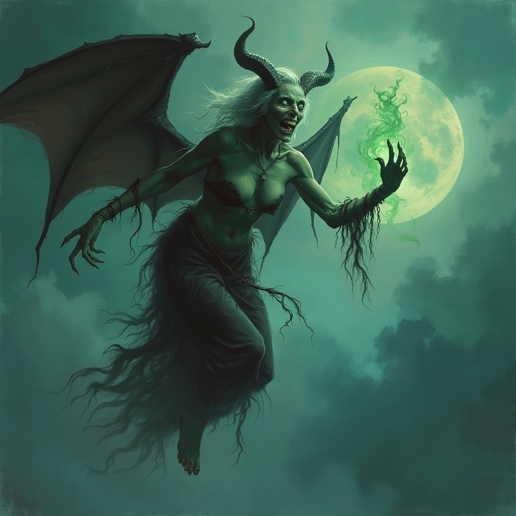 AI generated image by FLUX.1-pro: bruja anciana de 90 años  aspecto diabolico y oscuro  desnuda de cuerpo flácido y brotado con algunas pequeñas protuberancias alzando con su brazo izquierdo unos cráneos unidos y amarrados con una cuerda montada en una cabra de aspecto zombie y diabolico  demoniaco de sus patas emana un humo verde en círculo como una espiral con formas demoniacas
sobre  volando por unos cielos oscuros de tonalidades azules y moradas  con atmósfera diabólica con movimientos y perspectiva dinámica coherentemente proporcionado y sin errores estilo de pintura realista retro vintage de 1984