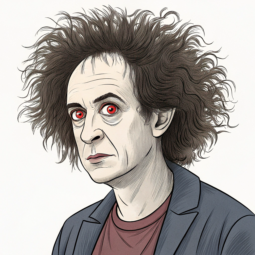 AI generated image by Red Panda AI: caricature of a tall person with frizzy hair and excessive hair loss and having red and very beautiful eyes